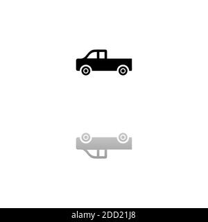 Pickup truck. Black symbol on white background. Simple illustration. Flat Vector Icon. Mirror Reflection Shadow. Can be used in logo, web, mobile and Stock Vector