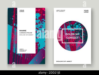 Artistic cover frame design paint splatter set vector illustration. Neon blurred blue red color gradient. Abstract texture geometric pattern trend bac Stock Vector