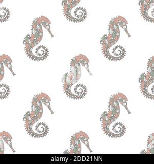 Seamless pattern in zen art style with sea horses on white Stock Vector