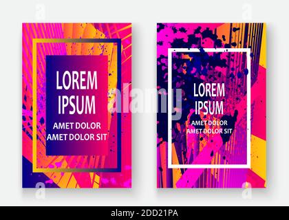 Artistic cover frame design paint splatter set vector illustration. Neon blurred pink blue yellow color gradient. Abstract texture geometric pattern t Stock Vector