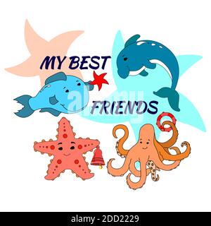 Shirts for boys. Printed T-shirts for boys. Dolphin and starfish, octopus with a whale. Stars and bell. Stock Vector
