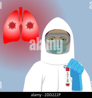 Doctor wearing protective equipment against coronavirus and holding a test tube with the label Covid19 on it Stock Vector