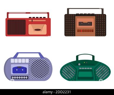 Set of retro tape recorders. Outdated equipment in cartoon style. Stock Vector