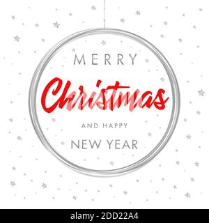 Merry Christmas and Happy New Year calligraphic silver banner. Christmas silver ball vector design card template. Creative typography text for Holiday Stock Vector