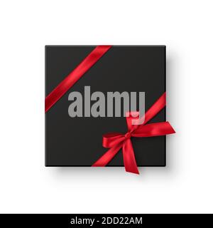 Black gift box with red ribbon. Elegant present with bow isolated on white background. Special offer vector illustration. Modern Christmas special Stock Vector