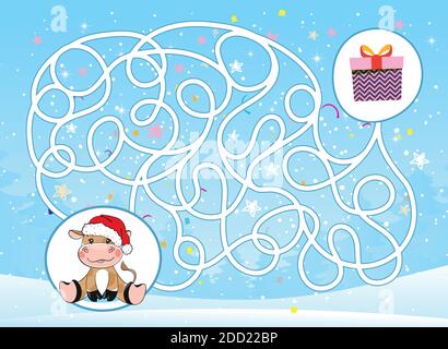 Help the bull find his way to gifts for the new year 2021. Maze for children, puzzle, educational games for the kindergarten. New Year s game with a cute animal. Labyrinth in flat cartoon design, vector Stock Vector