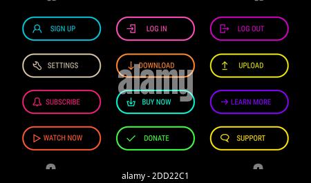 Multicolored outline buttons isolated on black. Flat style vector illustration. Stock Vector