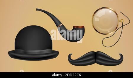 Gentleman set. Bowler hat, smoking pipe, gold monocle, mustache. Realistic 3D vector illustration. Stock Vector