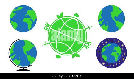 Five different earth and globe icons. Flat style vector illustration. Stock Vector