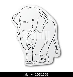 Vector illustration black line hand drawn of elephant on cut paper with shadow isolated on white background Stock Vector
