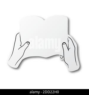 Vector illustration black line hand drawn of close-up hands holding book cut paper with shadow isolated on white background Stock Vector