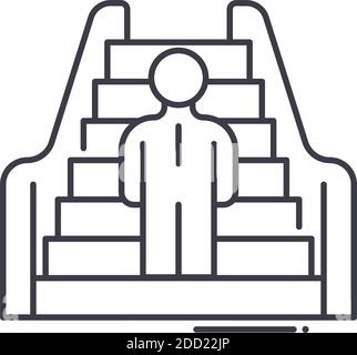 Escalator with person icon, linear isolated illustration, thin line vector, web design sign, outline concept symbol with editable stroke on white Stock Vector