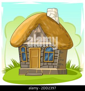 Old house with a thatched roof. Fabulous cartoon object. Cute childish style. Ancient dwelling. Tiny, small. On an abstract background. Isolated on Stock Vector