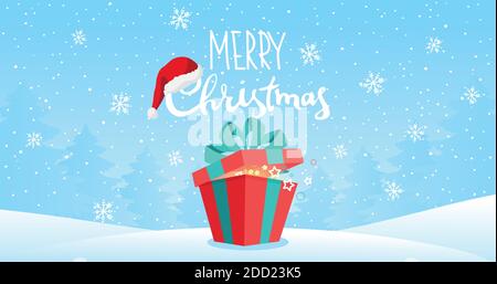 Merry christmas banner with copy space. Large gift box on a background of a winter landscape with snowflakes. Flat cartoon vector illustration for design Stock Vector