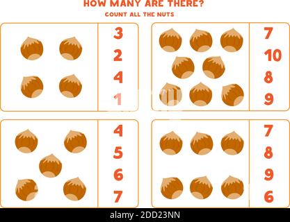 Count all hazelnuts. Educational math game for kids. Stock Vector
