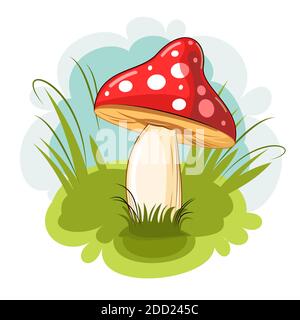 Mushroom on the background of meadows and sky. Cartoon flat style. Scenery. Isolated on white. A beautiful forest mushroom. Vector Stock Vector