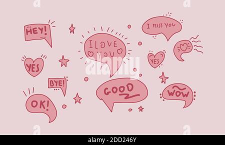 Cute speech bubble in pink colors with hearts. Hand-drawn doodle elements, fun feminine decor. Vector illustration of beautiful elements Stock Vector
