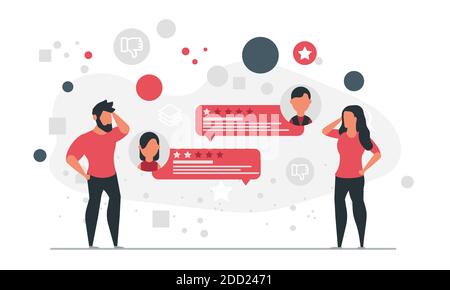People got bad feedback from buyers. Man and woman receiving negative comments from consumers concept vector illustration Stock Vector