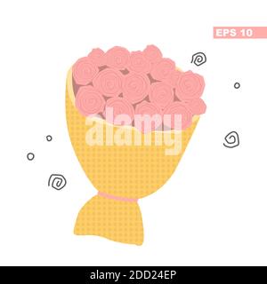 Bouquet of flowers roses. Gift flower icon. Valentine's day or anniversary concept. Vector flat illustration isolated on white background. Pink-yellow Stock Vector