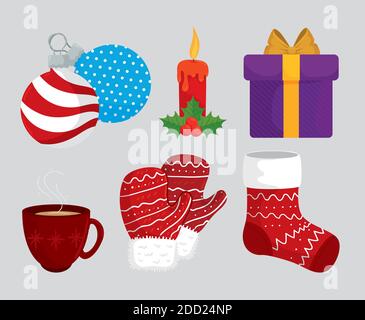 bundle of six happy merry christmas set icons Stock Vector