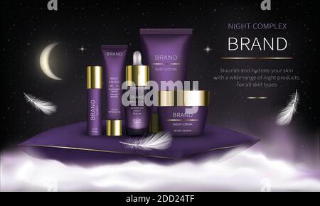 Night cosmetic series for face skin care, realistic vector. Purple jar of  cream and serum, plastic tube with eye gel. Cosmetics standing on white  fluffy cloud on purple background with soft feathers