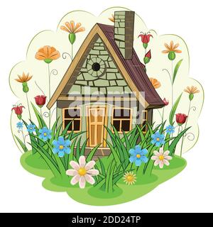 Stone garden house. Fabulous cartoon object. Cute childish style. Ancient dwelling. Tiny, small. Against the background of a landscape with flowers Stock Vector