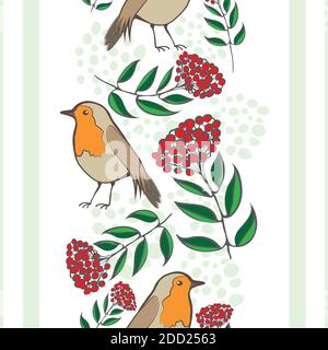 Robin Redbreast, berries, leaves, stripes seamless vector pattern background. Geometric backdrop with garden birds and red fruit cotoneaster plant Stock Vector