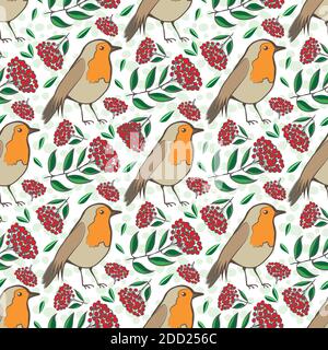 Robin Redbreast, berries and leaf foliage seamless vector pattern background. Red green backdrop with garden birds and fruit of cotoneaster plant Stock Vector