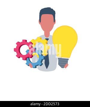 Businessman or clerk. Male character in trendy simple style with objects, flat illustration. Business concept. Isolated on white background. Stock Vector