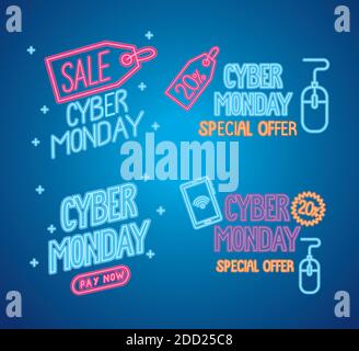 cyber monday neon letterings in blue background Stock Vector