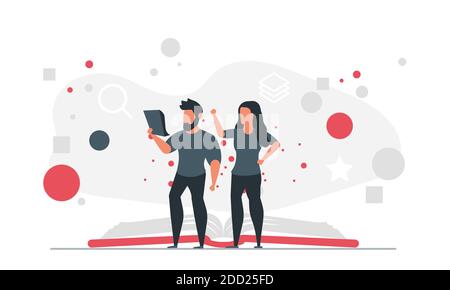Online people learn from the internet. Man and woman study and get education without leaving home concept vector illustration with book Stock Vector