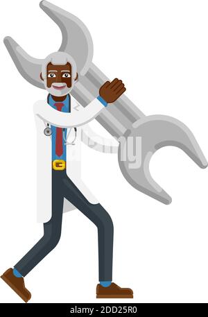 Mature Black Doctor Man Holding Spanner Wrench Stock Vector