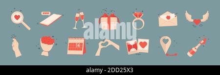Set of vector hand drawn isolated icons for valentine's day. Love and relationship concept, red and beige colors. Gift, calendar, hands, champagne, bo Stock Vector