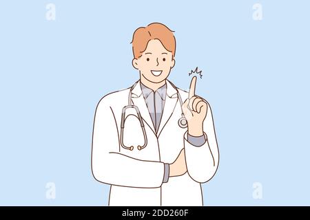 Health, care, denial, prohibition concept. Young happy smiling doctor hospital worker cartoon character standing saying No with finger sign. Rejection Stock Vector