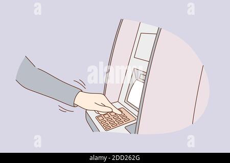 Business, finance, withdraw, security concept. Businessman clerk manager cartoon character hand dials PIN code to withdraw money from ATM terminal. Pa Stock Vector