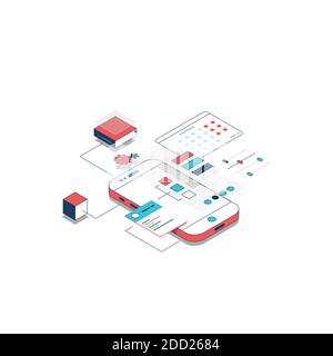 Isometric mobile development line illustration Stock Vector