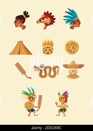 aztec character people snake pyramid weapon native culture icons vector ...