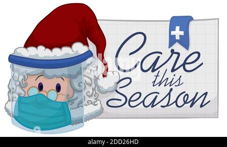 Cute Santa Claus taking care of himself with safety measures against COVID-19 during Xmas season: properly wearing a face shield and half-mask. Stock Vector