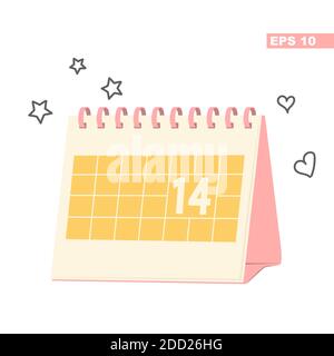 Desk calendar with highlighted date - 14. Concept for valentine's day or anniversary. Vector flat illustration isolated on white background. Pink-yell Stock Vector