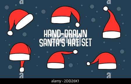 Hand drawn doodle santa claus hats collection. New Year festive set of cartoon red hats. Vector illustration of celebrating christmas Stock Vector