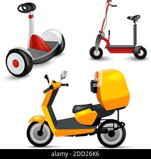 Realistic youth city transport set on white background. Bicycle, gyroscooter and bike. Modern alternative city transport. Ecological teenager Stock Vector