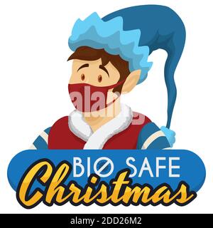 Cute Santa Claus helper, wearing a half-mask, promoting bio safety measures during Christmas celebration. Stock Vector