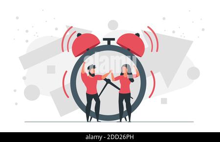 Morning time for business concept vector illustration with people and alarm clock. Man and woman love to start work in the morning. Stock Vector