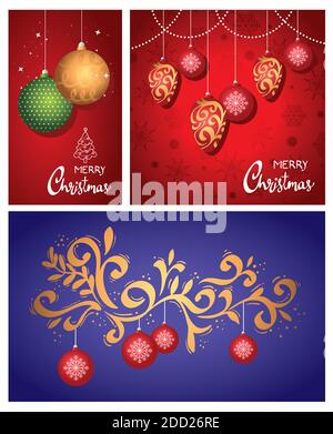 happy merry christmas letterings cards with balls hanging Stock Vector