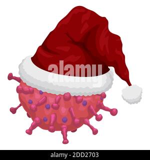 Isolated COVID-19 representation wearing a seasonal Santa's hat, promoting prevention and awareness during Xmas season. Stock Vector