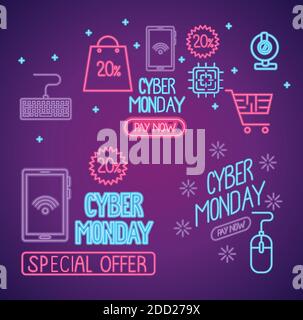 cyber monday neon letterings in purple background Stock Vector