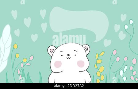 A cute white animal smiles and stands in the forest. Funny cartoon character hand drawn doodle. Cute character speaks with free space for text. Vector Stock Vector