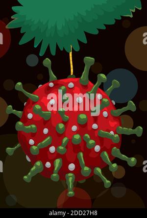 Coronavirus representation like a decorative ball, hanging in a Xmas pine tree. Stock Vector