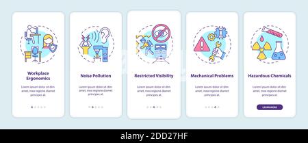 Workplace safety concerns onboarding mobile app page screen with concepts Stock Vector