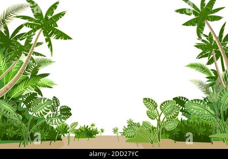 Jungle. Frame from tropical plants and palms. Plants grow in the sand. Flat style. Isolated on white background. Stock Vector